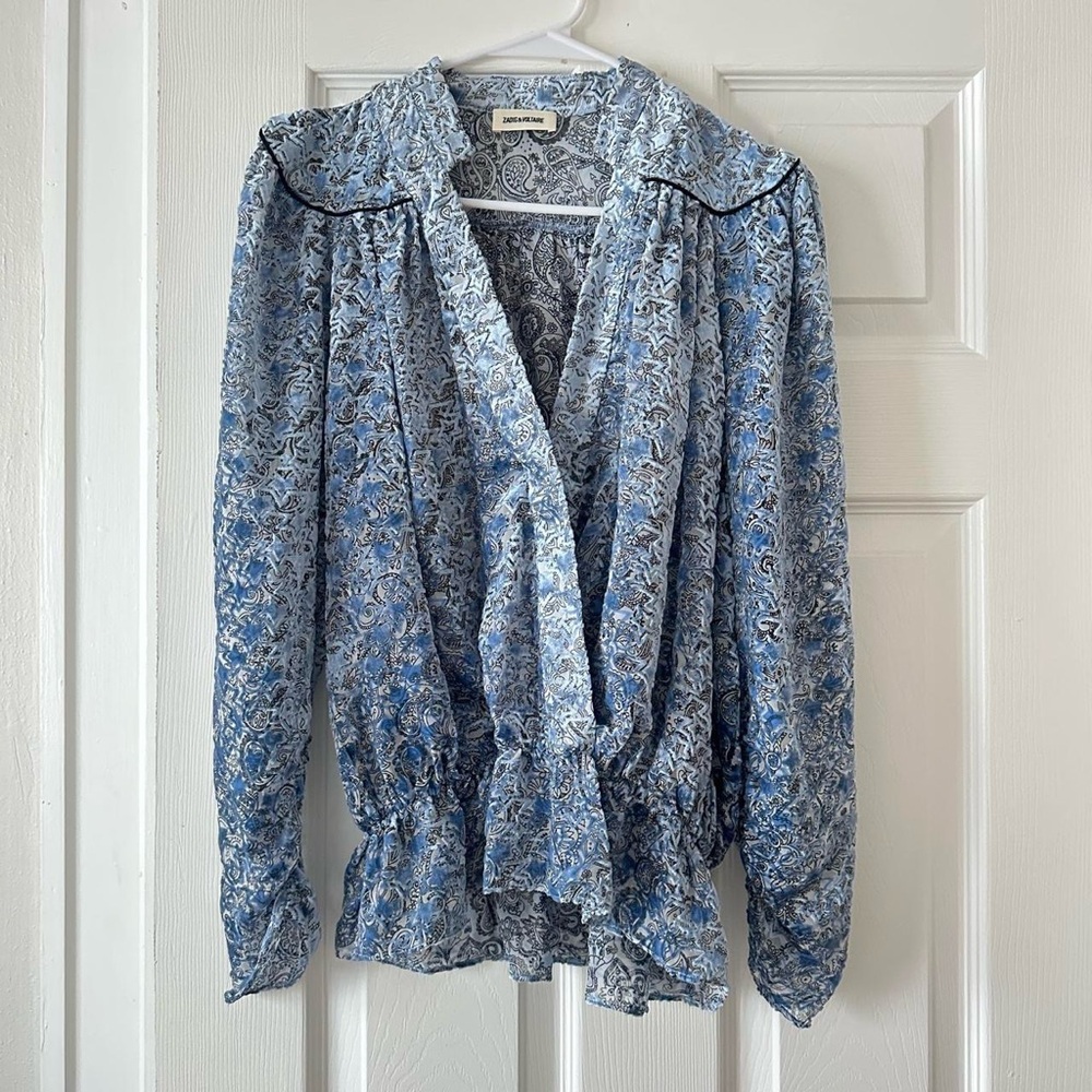 Zadig & Voltaire Blue V-Neck Puff Sleeve Blouse with Ruffles